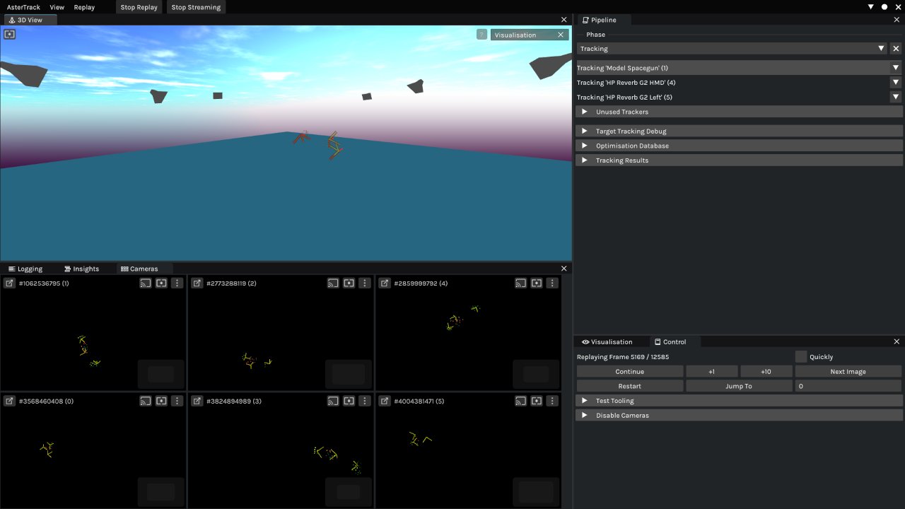 View of the AsterTrack interface, showing the 3D view and camera views of three VR trackers being tracked on a recorded segment.